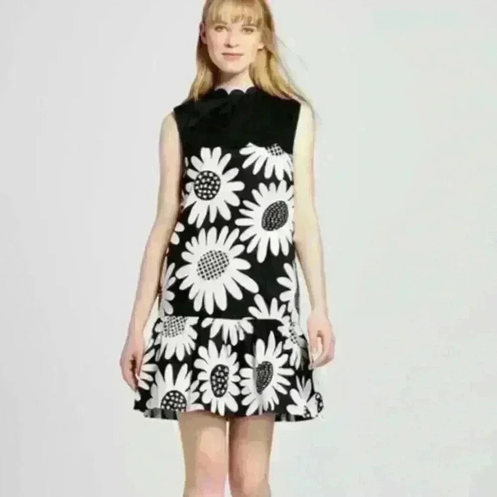 VICTORIA BECKHAM Target Black White Daisy Floral Scallop Trim Dress Medium - Picture 2 of 5